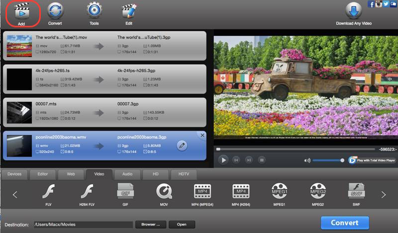 add video to eTinySoft mp4 converter for Mac and preview the video with Total Video Player