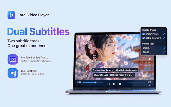 Total Video Player for Mac showing dual subtitles in English and Japanese
